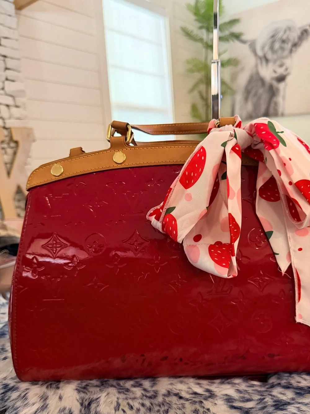 EUC Louis Vuitton Vernis Red Alma PM with Strawberry Scarf Accent